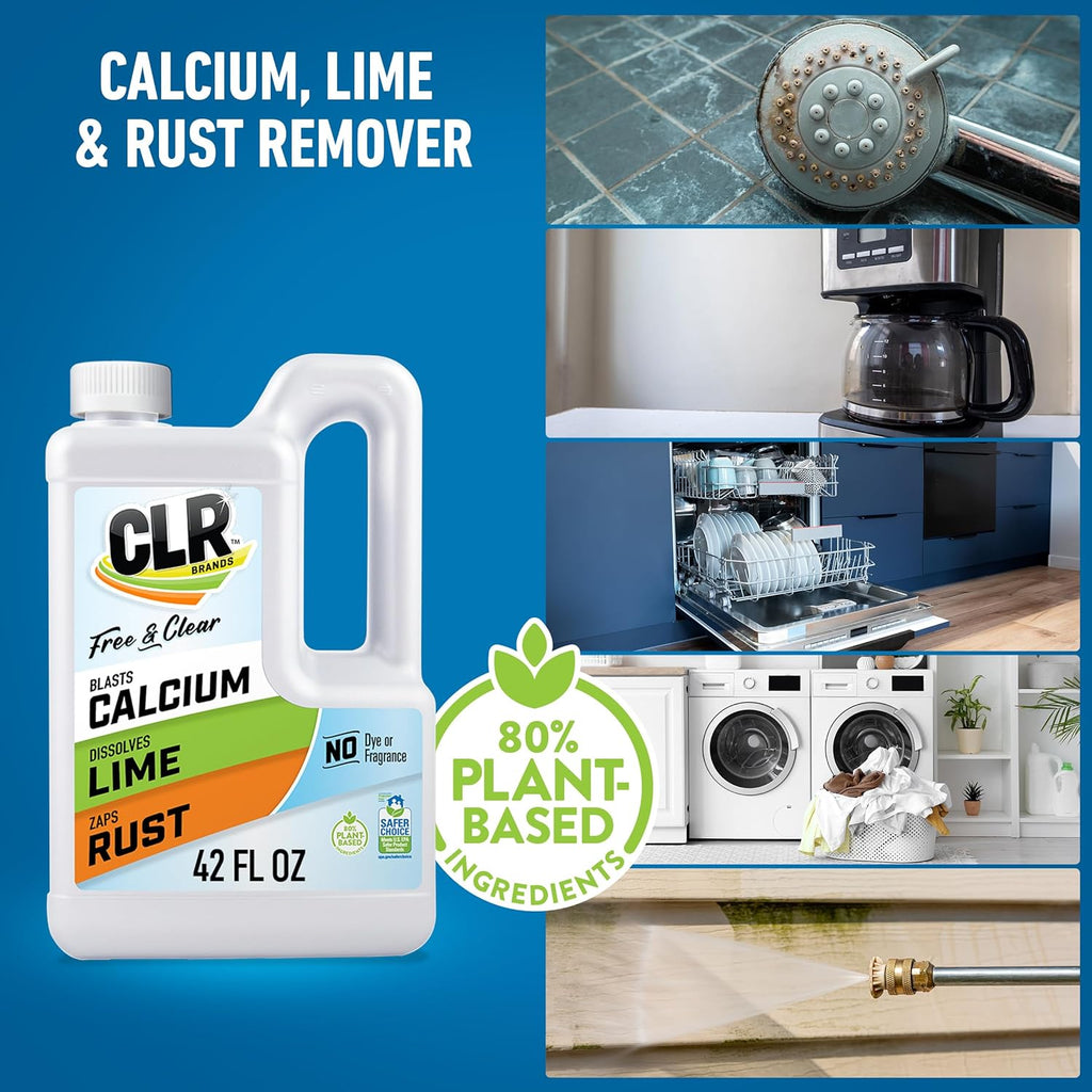 CLR Brands® Calcium, Lime & Rust Remover Free & Clear, No Dyes or Fragrances, Gentle Lime and Bathroom Descaler, Removes Hard Water Stains and Rust Deposits, 42 Oz Bottle (Pack of 1)