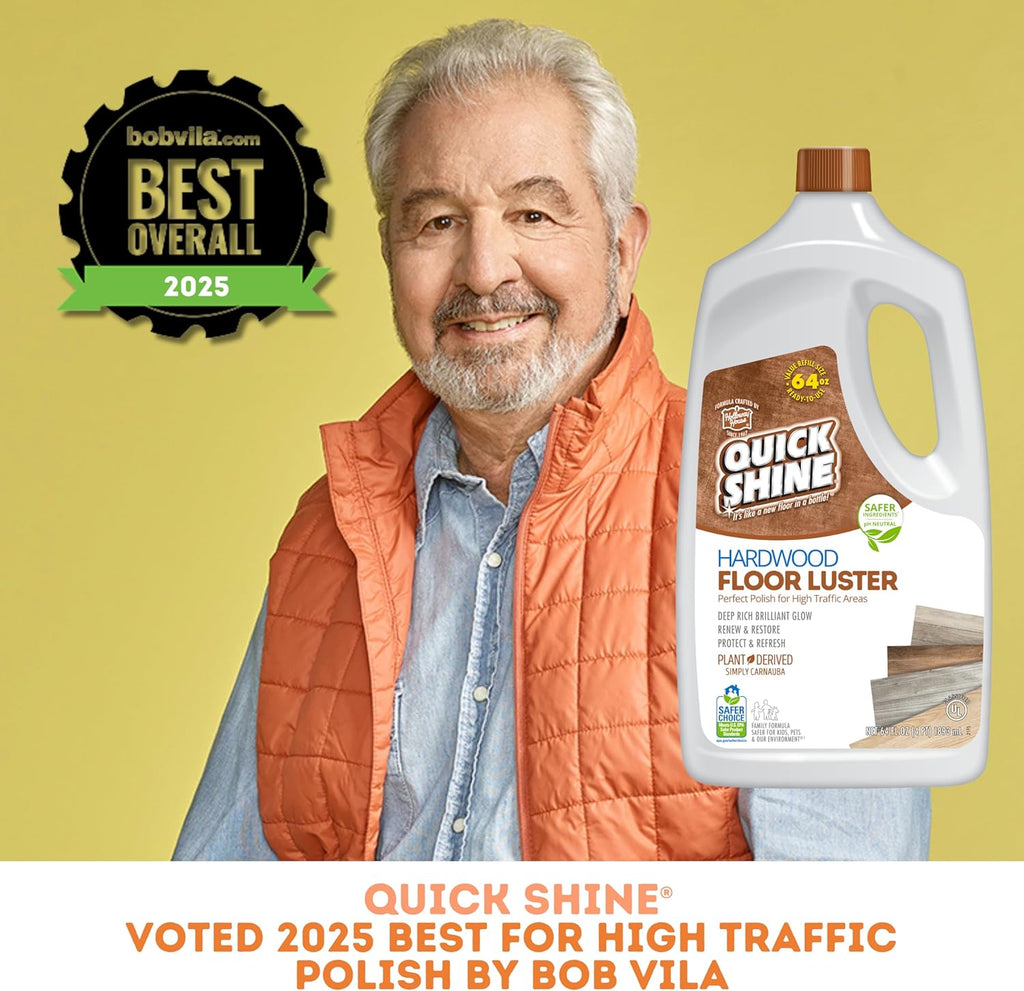 Quick Shine Hardwood Floor Luster-Polish 64oz | Plant-Derived w/Carnauba | Safer Choice, No PFAS, pH Neutral | Ready to Use Formula w/Anti-Slip Technology | Simply Squirt & Spread | Made in USA