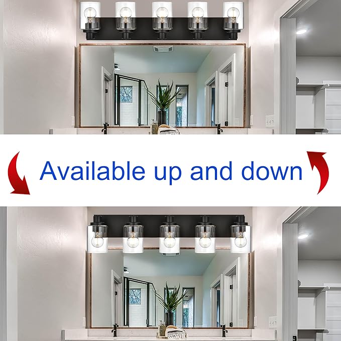 5 Light Bathroom Vanity Lights, Bathroom Lighting Fixtures over Mirror with Clear Glass Shades, Black Vanity Light For Bathoom, Modern Wall Sconces Vanity Lighting Fixture for Bathroom Hallway