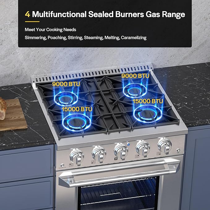 Empava Commercial Gas Range, Freestanding & Slide-In, 4.2 cu. ft. Pro-Style Single Oven with 4 Sealed Ultra High-Low Burners Heavy Duty Grates in Stainless Steel for Kitchen, Restaurant,30 Inch