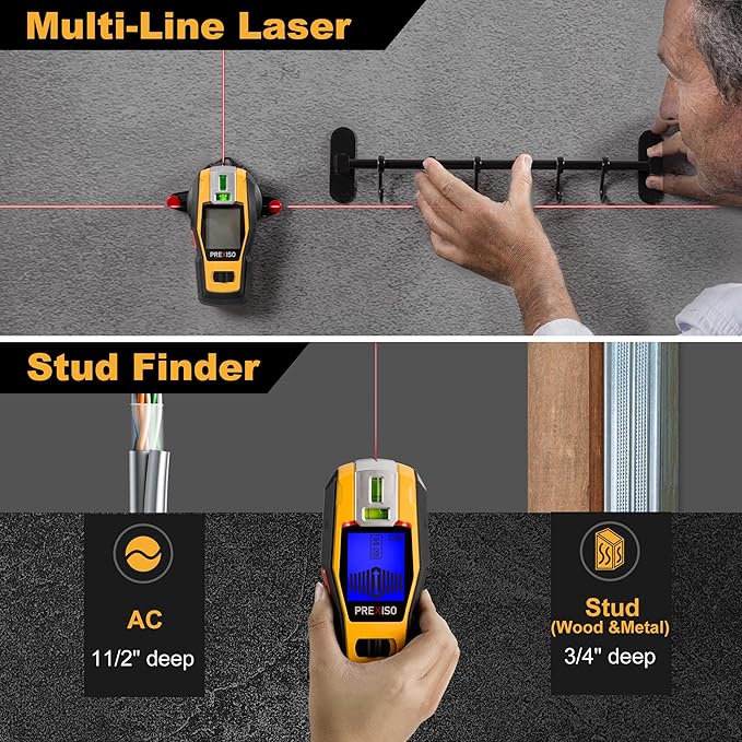 PREXISO 2-in-1 Stud Finder with Laser Level, Rechargeable Multi Surface Cross Line Laser & Wall Stud Scanners Tool for Hanging Frames & Picture, Wood Ac Wire Metal Studs Joist Pipe Detection