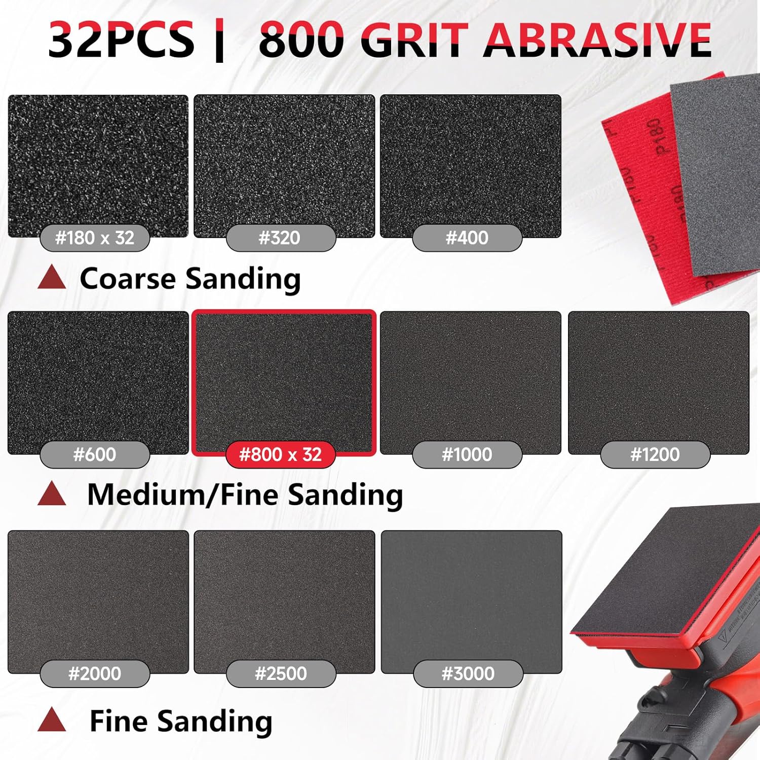 32-Pack 3x4 Inch 800 Grit Hook & Loop Sanding Sponges - Wet/Dry Foam Pads for Fine Surface Smoothing on Wood, Metal & Automotive