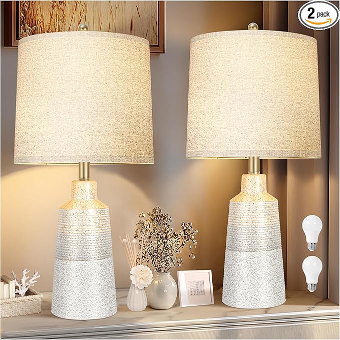 24.5" Ceramic Table Lamps Set of 2 for NightStand,Lamps for Living Room with 3-Way Dimmable Bulb,Rotary Switch,Modern Table Lamp with Linen Shade,Bedside Lamps of Set 2 for Bedrooms(Bulb Included)