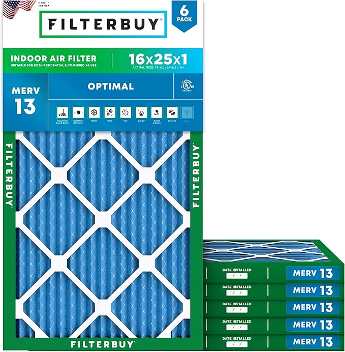 Filterbuy 16x25x1 Air Filter MERV 13 (MPR 1900) Health Defense Replacement (6-Pack), Electrostatic Pleated HVAC AC Furnace Filters, Made in USA (Actual Size: 15.50 x 24.50 x 0.75)