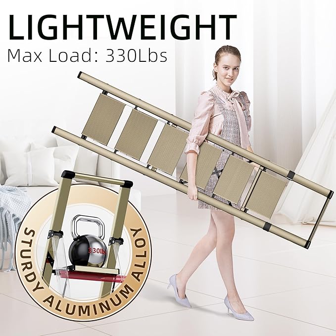 GameGem Step Ladder 6 Step Folding, Aluminum Ladders for High Ceilings, Tall Closet, Cabinet, 6 ft Lightweight Step Ladder with Anti-Slip Foot for Home Use, 330Lbs Load, Champange Gold