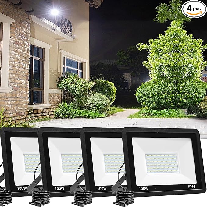 4 Pack 100W LED Flood Light Outdoor,10000LM Bright Work Spotlight Plug in,6000K Daylight White,IP66 Waterproof Exterior Security Floodlights for Yard,Garden,Backyard,Patio,Stadium,Parking Lot