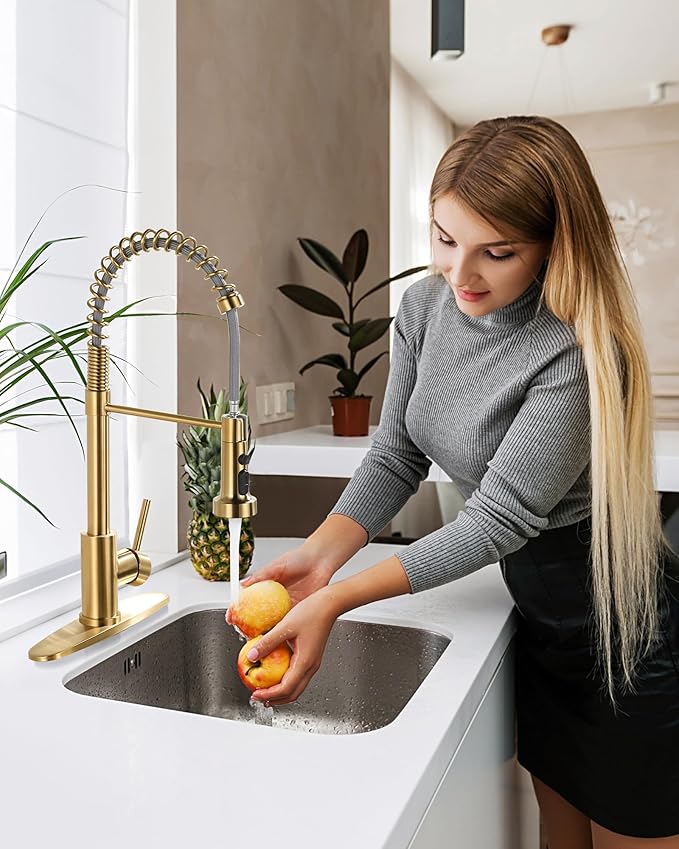Kitchen Faucets with Pull Down Sprayer: Brushed Gold 3-Function Kitchen Sink Faucet for 1 or 3 Hole - Stainless Steel Single Handle Spring Kitchen Faucets with Deck Plate for Farmhouse RV Laundry