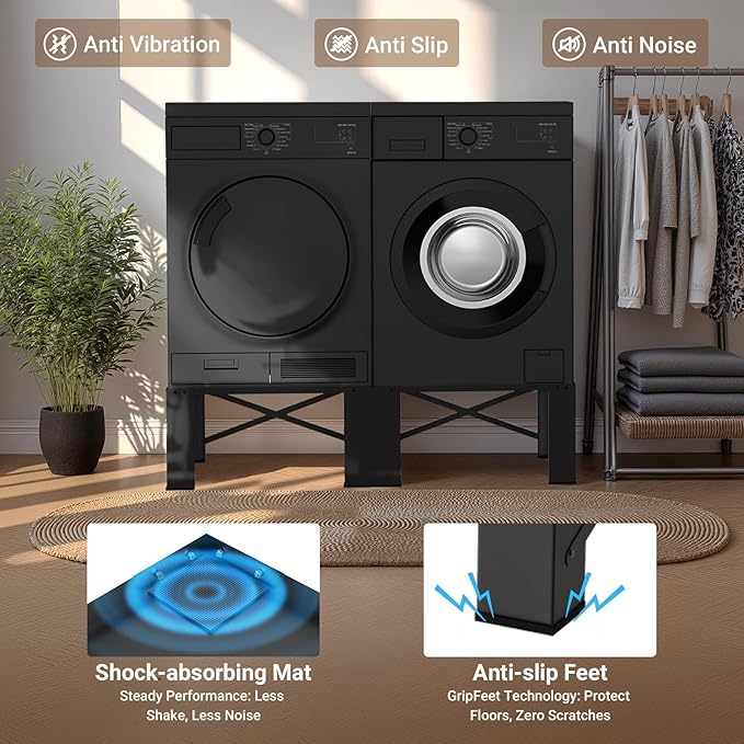 SKM 28" Dual-Pack Washer and Dryer Pedestals - Heavy-Duty Steel Laundry Stand Raiser for Washing Machine and Dryer, Compatible with Most 4.8-5.3 cu. ft. Capacity Appliances, Black