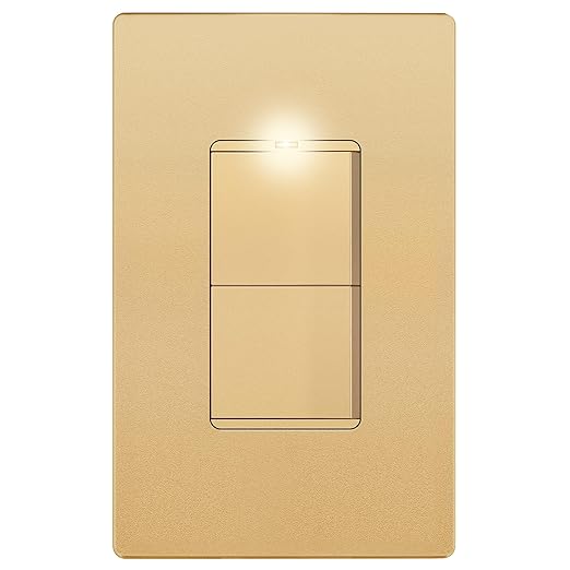 LIDER Minimalist Design Matte Finish Lighted Double Switch with Screwless Wall Plate, Combination Frameless Decorator Switch with Locator Light, Ground Terminal, Single Pole, 15A 120V, UL Listed,Gold