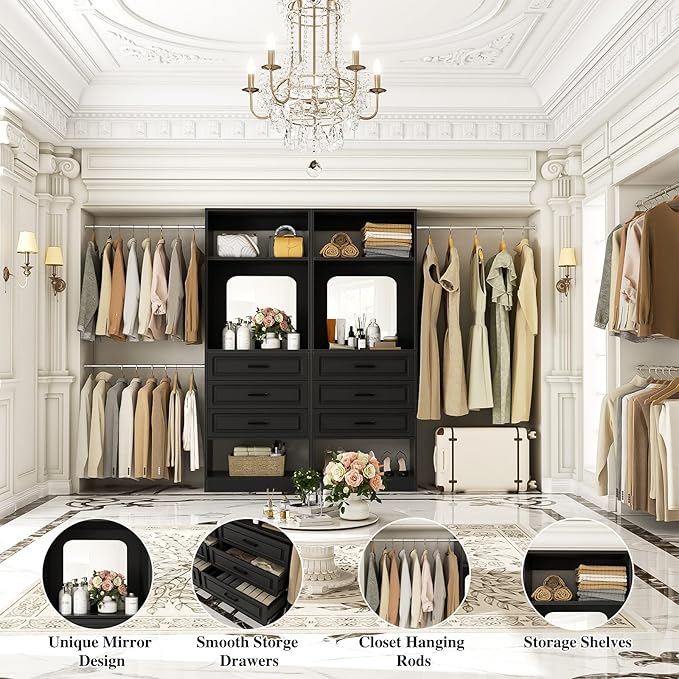 Unikito Closet System with 6 Drawers, 6-14Ft Closet Organizer with Mirror, Walk-in Closet Organizer Wardrobe Clothes Rack with 3 Hanging Rods, Sturdy Wood Clothing Garment Rack with Tower, Black