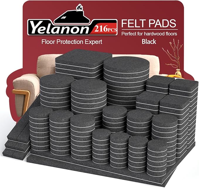 Yelanon Felt Furniture Pads for Hardwood Floors -216 Pcs Premium Felt Pads for Chair Legs, Floor Protectors for Furniture, Black