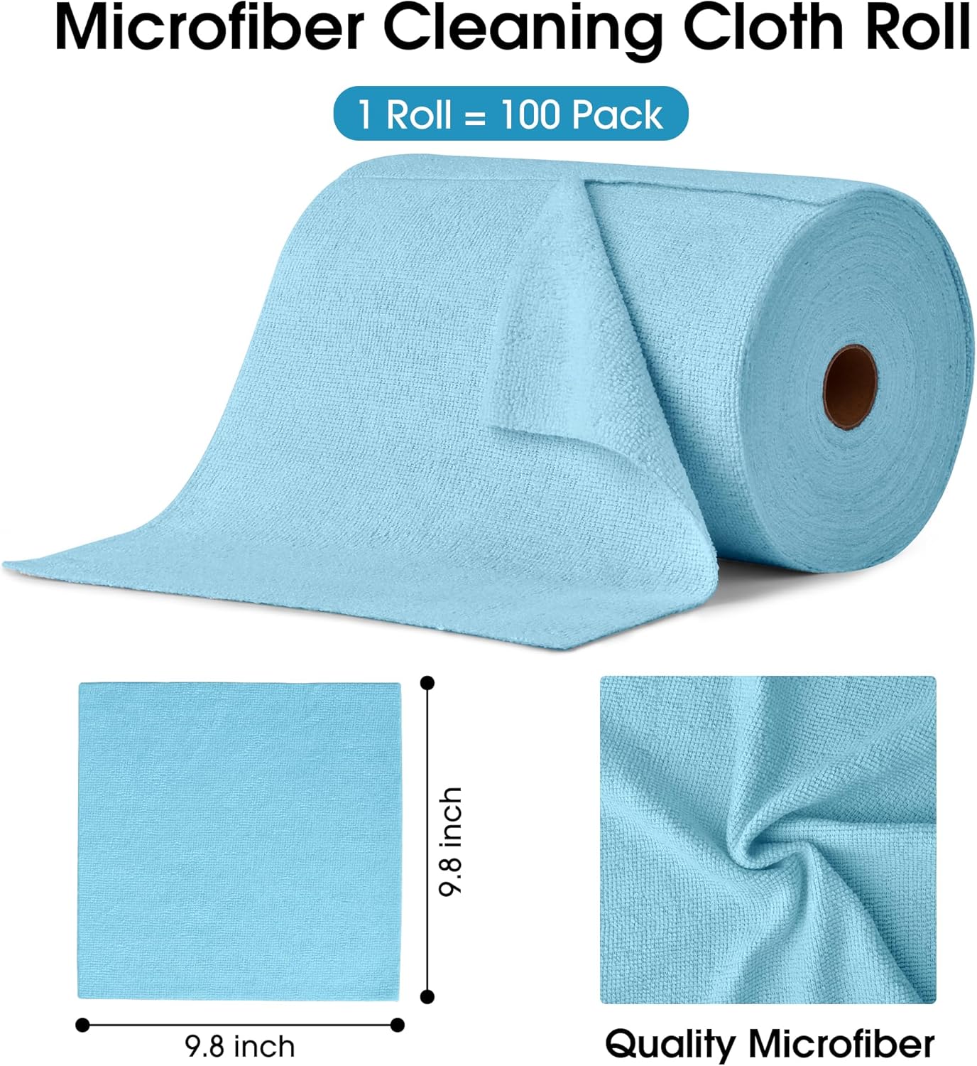 KitchLife Microfiber Cleaning Cloth Roll, 100 Pack - Tear-Away Microfiber Paper Towels, Lint-Free, Reusable, Washable for Kitchen, Car, Dishes, and Sensitive Surfaces (Blue)