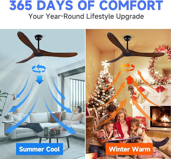 60" Farmhouse Ceiling Fan with Remote Control, Wood Ceiling Fan without Lights for Indoor/Outdoor - Modern Design, Powerful Airflow, Silent Operation