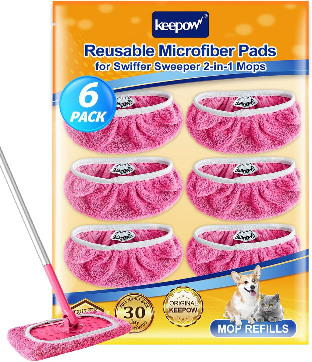 KEEPOW 6 Pack Reusable Mop Pads Compatible with Swiffer Sweeper, Coral Fleece Pink Washable Swiffer Mop Pads, Dry & Wet Sweeping Mopping Cloths (Pink, Not Included Mop)