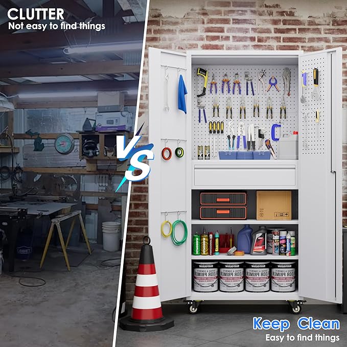 71" H Garage Storage Cabinet with Wheels, Drawer, Pegboard and 16 Hooks, Metal Tool Storage Cabinet with Locking Doors and 2 Adjustable Shelves for Garage, Warehouse, Home, White