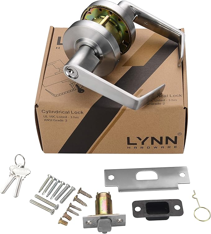 LYNN HARDWARE Commercial Door Lever Lock - Heavy-Duty Locking Door Handle, Designer Door Handles, Cylindrical Lever Lock, Non-Handed Grade 2 Door Handle, Satin Chrome, Storeroom Function