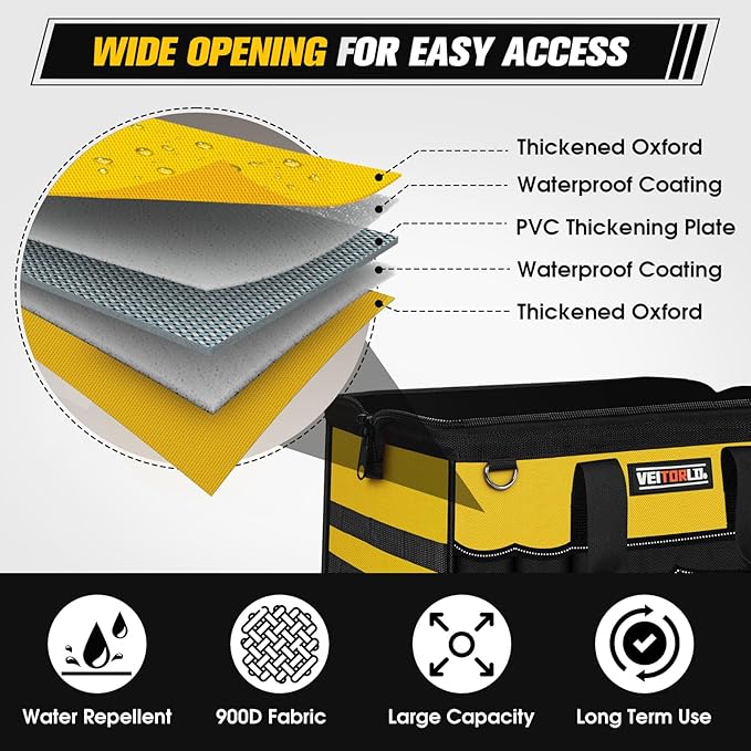 16-Inch Heavy Duty Tool Bag, 19-Pockets Tool Box Organizer, Portable Toolbag W/Soft Handle, Organized Storage, Mechanic Gifts for Men Dad Husband Him Christmas, Wide Mouth Toolbox Organization, Yellow