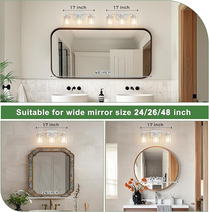 DORESshop 17 Inch Bathroom Light Fixtures, 3-Light Chrome Bathroom Lighting Fixtures Over Mirror with Clear Glass Shade, Vanity Lights for Living Room Bedroom