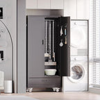 Broom Closet Storage Cabinet with Drawer and Hanging Rod, Garage Storage Cabinet with Wheels and 5 Pegboard, Rolling Tool Cabinets with 2 Doors and 3 Shelves for Garage, Bathroom, Black