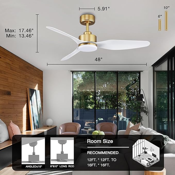 48 Inch Smart Ceiling Fans with Lights and Remote Control,Dimmable LED Light,Outdoor Indoor Gold White Ceiling Fan,Quiet DC Motor,WIFI Alexa App Workable,for Modern Bedroom Living Room Patio