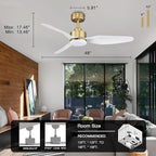 48 Inch Smart Ceiling Fans with Lights and Remote Control,Dimmable LED Light,Outdoor Indoor Gold White Ceiling Fan,Quiet DC Motor,WIFI Alexa App Workable,for Modern Bedroom Living Room Patio