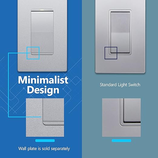 LIDER Minimalist Design Matte Finish Lighted Decorator Switch, Frameless Paddle Light Switch with Locator Light, Grounding Screw, 15A 125V, UL Listed, LS15-1P-SV, Silver