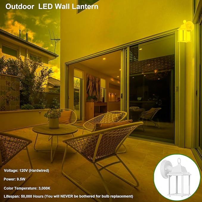 LIT-PaTH Outdoor LED Wall Lantern, Exterior Wall Sconce Porch Light Fixtures, 3000K 9.5W 800 Lumen, Aluminum Housing Plus Glass, Matte White Finish, 1-Pack