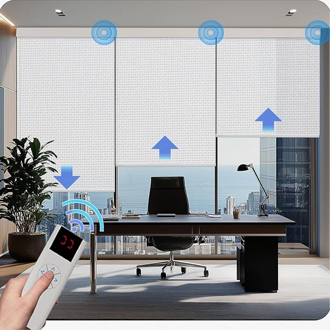 Motorized Blinds with Remote Cordless Automatic Motorized Shades Custom Blinds for Indoor Windows Smart Curtains with Alexa Google Home(Solar White,W64 x H72in)