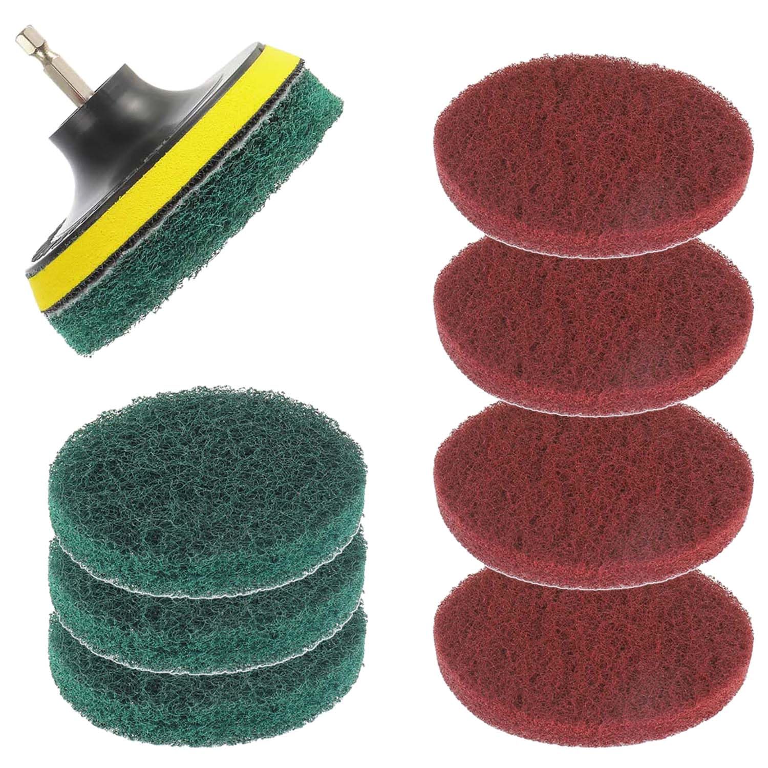 4 Inch Scrub Drill Brush Power Scouring Pads Household Cleaning Set for Kitchen Bathroom 4 Red Pads 4 Green Pads 1 Drill Attachment and 1 Universal Shaft
