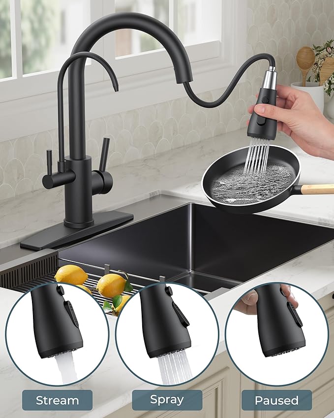 FORIOUS Black Kitchen Faucets with Water Filter, 2 in 1 Stainless Steel Pull Down Sink Faucet and Purfied Water Faucet High Arc Single Handle with Detachable Deck for 1 or 3 Hole