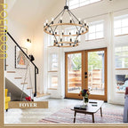 24-Light 2 Tiers Farmhouse Wooden Wagon Wheel Chandelier, 43.3'' Black Metal Round Chandeliers 2-Story Natural Rustic Light Fixtures for High Ceiling Living Dining Room Foyer Villa