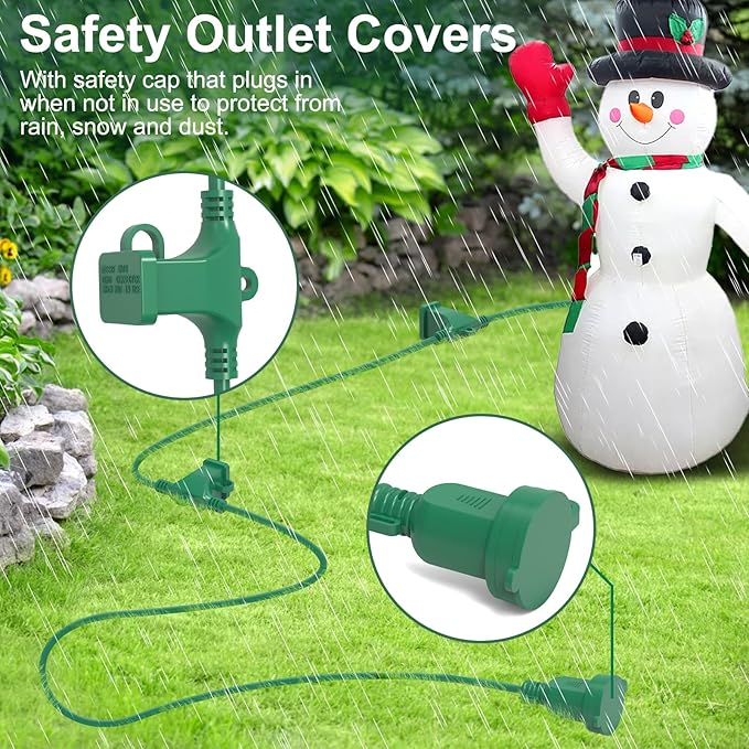 25FT Long Green Extension Cord 3 Outlets for Christmas Inflatables Blow Ups Yard Outdoor Outside Decorations Extension Cords with Multiple Outlets Plugs Cover Splitter Waterproof for Christmas Lights
