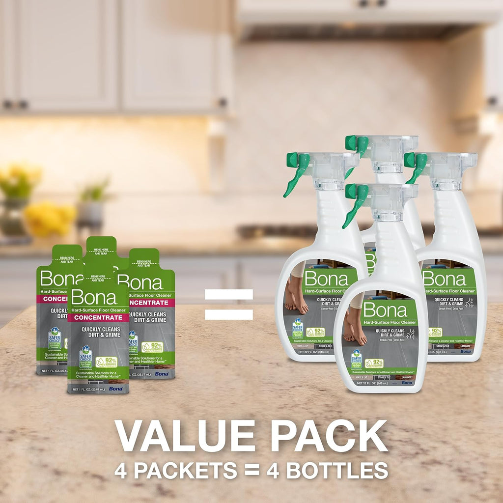 Bona Multi-Surface Floor Cleaner Concentrate - 1 fl oz - 4-Pack - Residue-Free Floor Cleaning Solution for Bona Spray Mop and Spray Bottle Refill - For Stone, Tile, Laminate, and Vinyl Floors