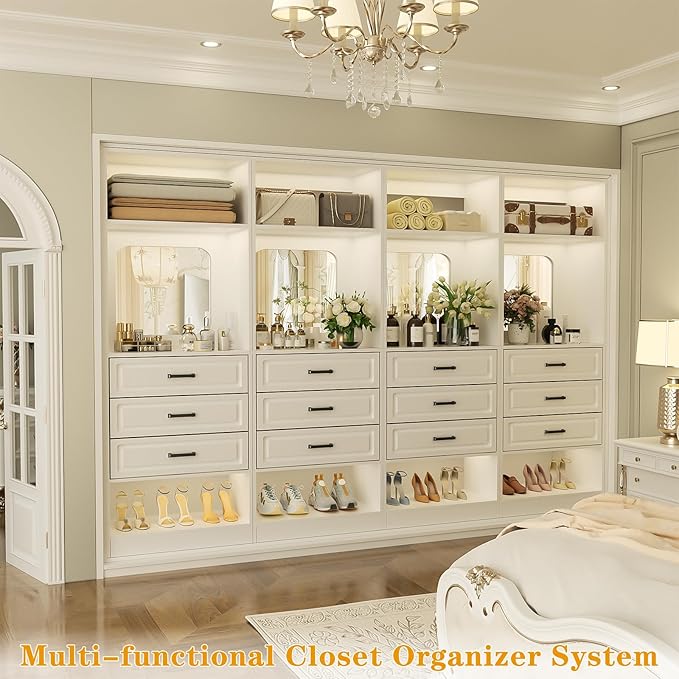 Unikito 100" Freestanding Closet System with Drawers, 8FT Closet Organizer Wardrobe with Storage Shelves and Mirror, Heavy Duty Wood Walk-in Closet Towers for Bedroom, Max Load 2000 LBS, White