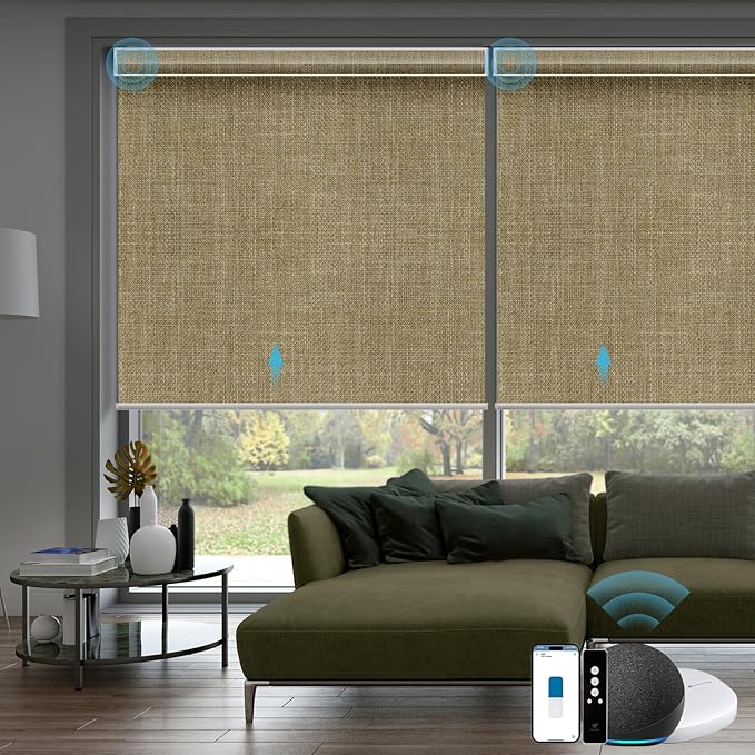 SmartWings Motorized Smart Blinds with Remote, Custom Automatic 100% Blackout Roller Shade Compatible with Alexa/Homekit/Google, Electric Smart Blinds for Indoor Windows, Vigor Wheat