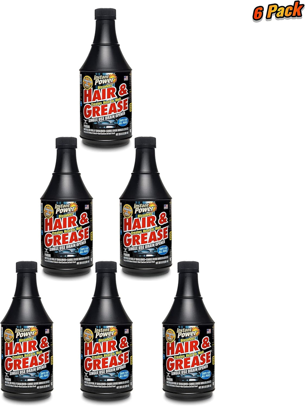 Instant Power Hair and Grease Drain Opener – Multipurpose Liquid Drain Cleaner and Clog Remover, Odorless, Ready to Use, 20 Oz, 6 Pack