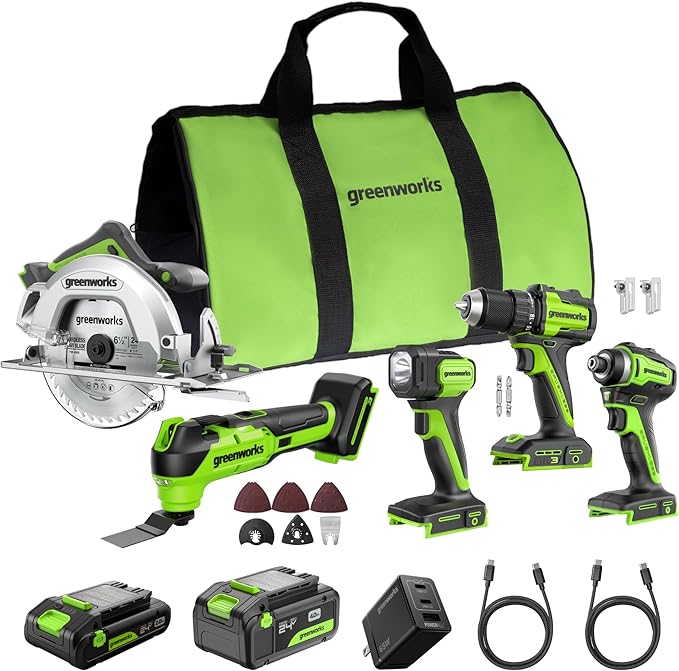 Greenworks 24V Cordless Brushless 5PCs Combo, Drill/Driver +Impact Driver +6.5" Circular Saw +Oscillating Tool +200LM Flashlight, 2.0Ah + 4.0Ah Batteries (24,000mAh Power Bank) and 65W USB-C Charger