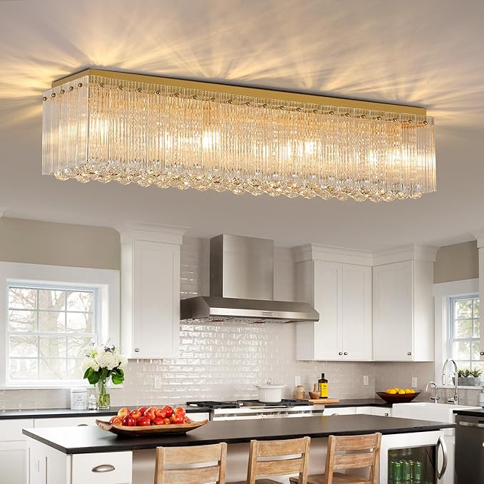 40 Inches Crystal Chandeliers for Dining Room, Gold Modern Ceiling Light for Living Room, Flush Mount Chandelier, Light Fixture for Entryway, Foyer, 8 Bulbs(Not Inclubed), E12 Base