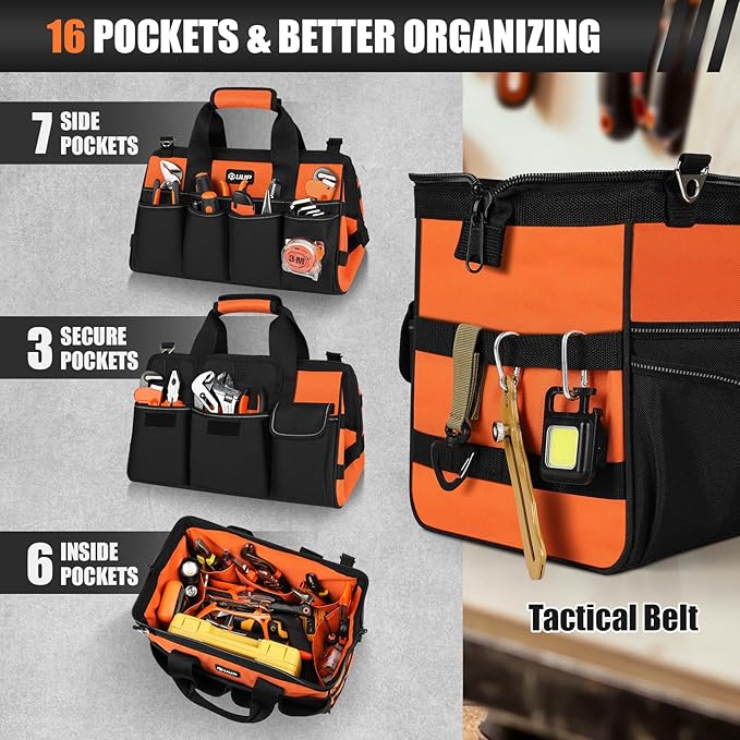 Heavy Duty Tool Bag 15-Inch, 16-Pocket Portable Soft Tool Box Organizer Storage, Handle Tactical Carry Tote Empty Toolbox with Large Zipper, Father Day Dad Men Gift for Mechanic Engineer, Orange