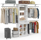 Closet System With Drawer - 8 FT Closet Organizer And Storage, Wood Closet Organizer System with Tower, Walk-in Closet Organizer Wardrobe Clothes Rack with 3 Hanging Rods, Garment Rack