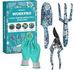 WORKPRO Aluminum Garden Tool Set, 4PCS Heavy Duty Hand Garden Tools with Box Include Trowel, Rake, Pruner, Garden Gloves, Blue Floral, Garden Gifts