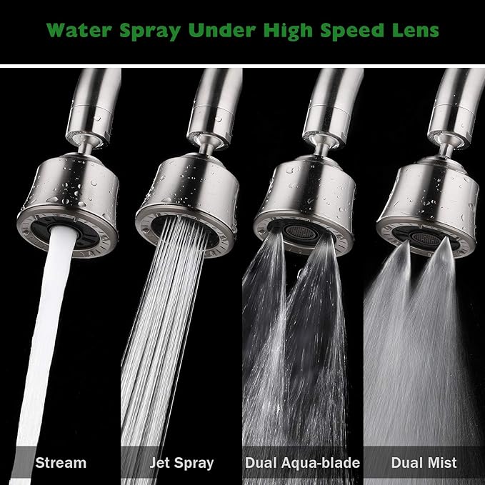 Houtingmaan Kitchen Sink Faucet Aerator with 2 Ball Joint, Big Angle Swivel Sprayer Head Replacement with 4 Spray Models, 55/64-27UNS Famale Thread - Brushed Nickel