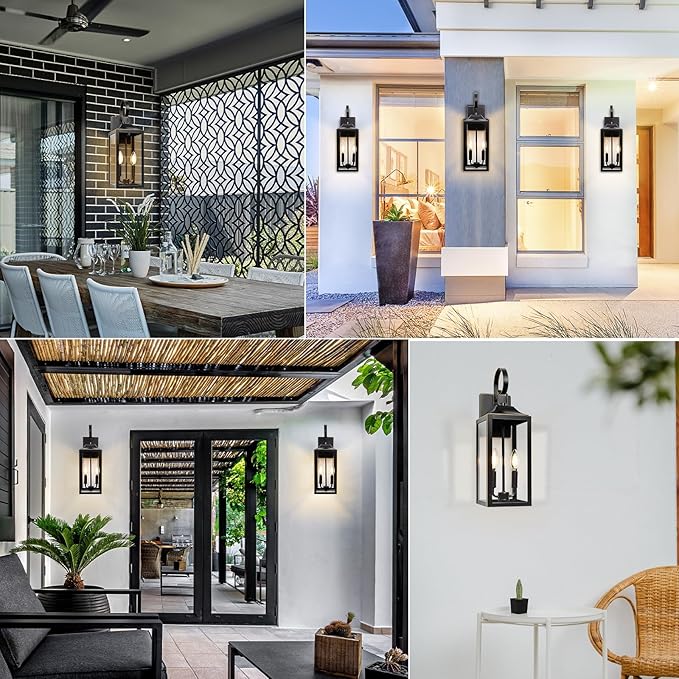 19" Large Outdoor Wall Light - Black Outside Wall Mounted Light Fixture with Gold Trim, Exterior Farmhouse Wall Sconce Lantern, Modern Porch Lighting Exterior Lamp for House 2-Light