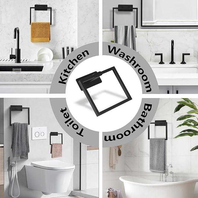 LANC Hand Towel Holder for Bathroom Wall Mount Matte Black Square Self Adhesive Hand Towel Rings for Bathroom Hardware Accessories Kitchen Toilet Stainless Steel Towel Hanger Racks, A8396MB
