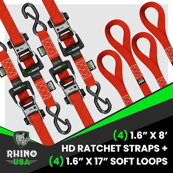 Rhino USA Ratchet Straps Heavy Duty Kit (4-Pack) - 1.6 Inch x 8 Feet (5,208lb Break Strength) - Ultimate Tie Down Straps with Safety S Hooks for Trucks, ATV, UTV, Motorcycle, Cargo & More - Red