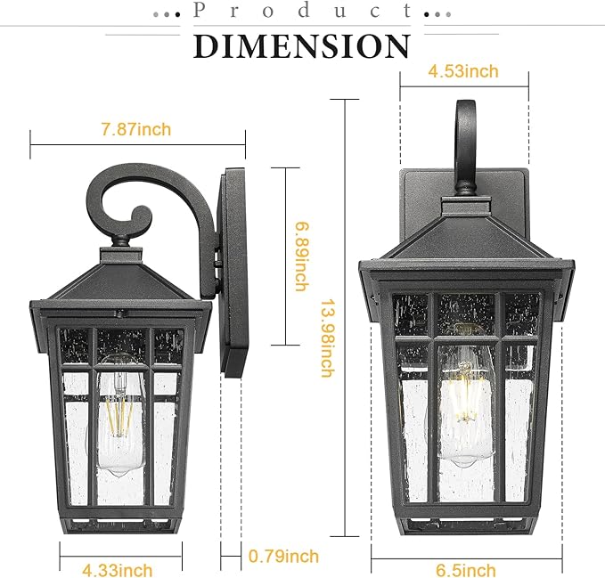 Darkaway Outdoor Wall Lights for House, Exterior Lighting Fixtures Wall Mount Outdoor Porch Lights Waterproof Black Outdoor Sconce Lights with Seeded Glass for Patio Hallway Garage,2 Pack