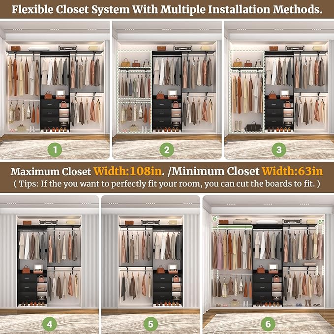 Aheaplus Closet System, Closet Organizer with 3 Wooden Drawers, 8FT Closet Organizer System, 96’’ Walk-in Closet Wardrobe Clothes Rack with Hanging Rods, Adjustable Garment Rack, Fits 5.3-9 ft, Black