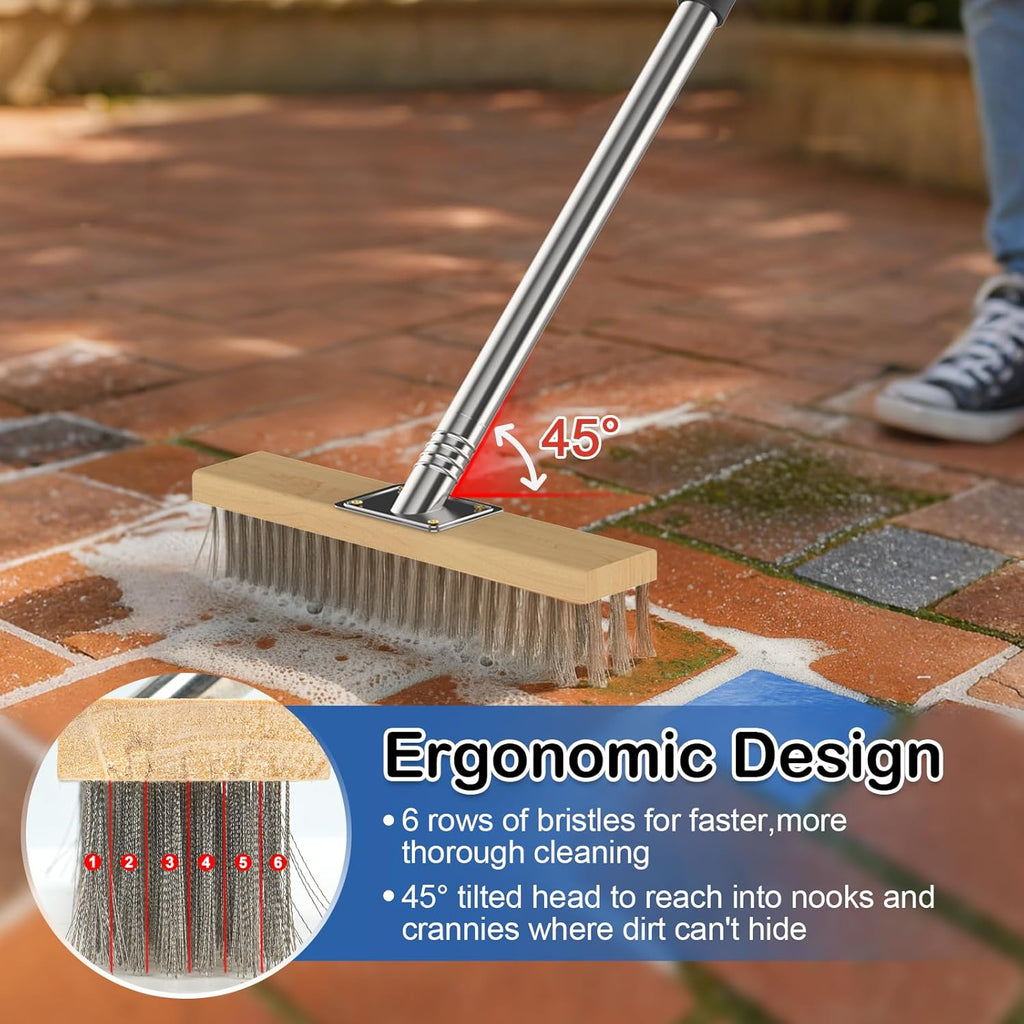 3-in-1 Deck Brush Kit Include Stainless Steel Wire Broom Brush with Long Handle, Floor Scrubber Brush & Crack Weeder Tool for Cleaning Outdoor Broom, Concrete, Garage, Patio, Swimming Pool