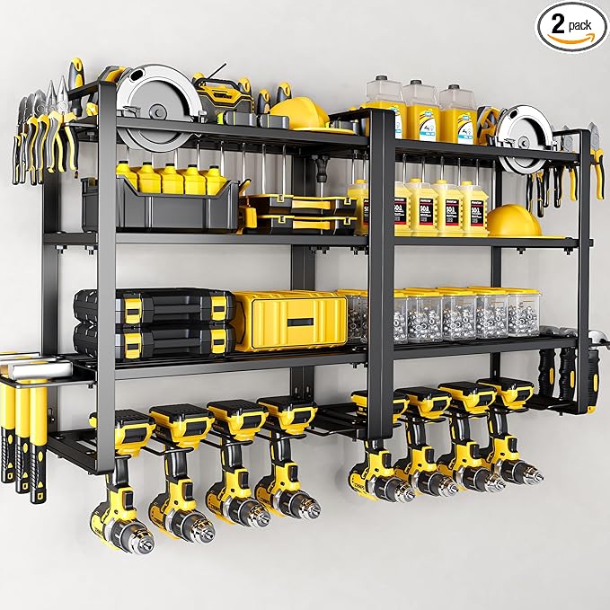 Power Tool Organizer Wall Mount - Storage Rack with 4 Drill Holders for Drills Cordless Tools. Heavy Duty Iron Garage Tool Organizer Storage for Workshop Shed (4 Slots 4 Layers 2 Pack)