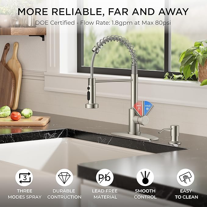 FORIOUS Kitchen Faucets with Sprayer, Stainless Steel Bar Sink Faucet Single Handle with Deck Plate, Commercial Pull Out Faucet for Kitchen Sink, Marine Boat Deck, Laundry Bar RV Camper
